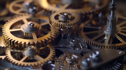 Close-up of intricate golden gears showcasing fine craftsmanship, precision, and mechanical beauty in a vintage clockwork design.