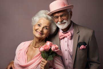 Elderly couple smiling with flowers, dressed in pink and beige outfits.