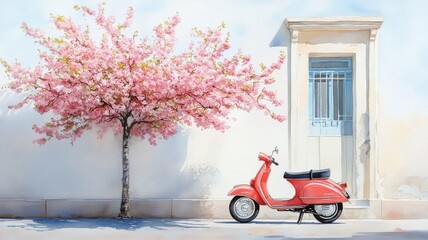 A watercolor painting capturing the tranquility of a scooter parked under a blossoming cherry tree.