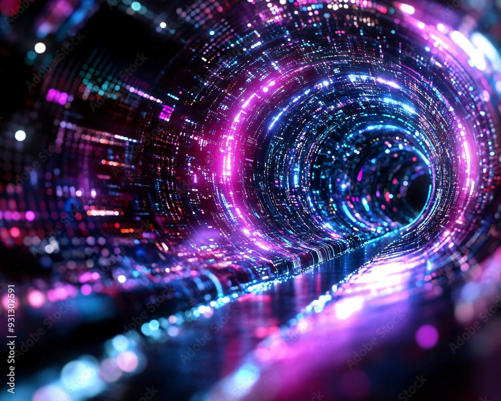 Wall mural colorful digital tunnel with vibrant lights and abstract patterns, creating a futuristic and immersi