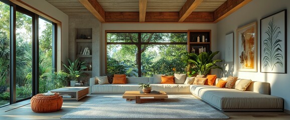 Living Room With Wooden Beams, Modern Elegance, Cozy And Inviting