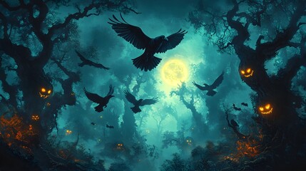 Fototapeta premium Spooky Forest Night with Crows and Full Moon