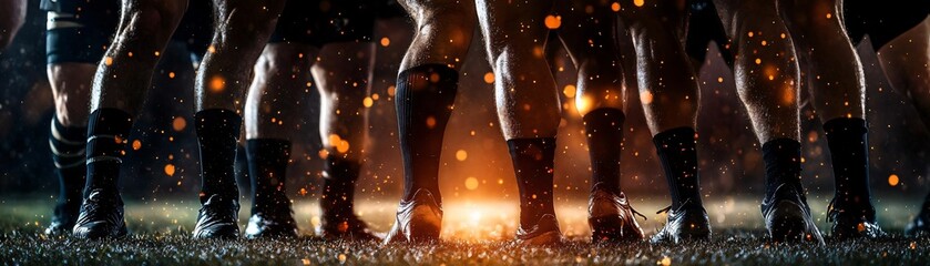 Dynamic feet in cleats poised for action under dramatic lighting on a sports field, embodying athleticism and teamwork in motion.