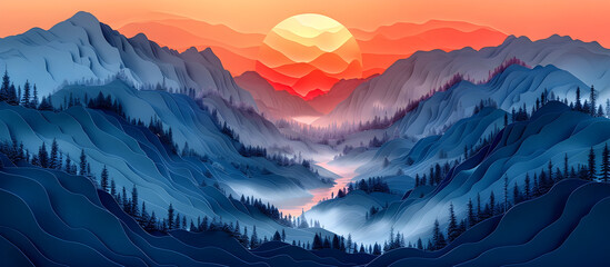 Vibrant Sunset Over Silhouetted Mountain Range in Paper Art Style