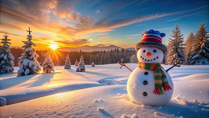 Obraz premium Joyful snowman standing in a winter wonderland during the morning sunrise, Snow, snowman, winter, Christmas, seasonal