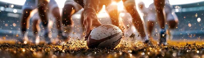 Dynamic rugby scene capturing the intensity of the game with players in action and sunlight illuminating the field.