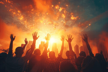 People Raising Hands In Front Of City Skyline During Sunset