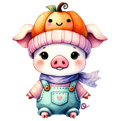 Cute cartoon piglet in overalls wearing a pumpkin hat and scarf. Adorable character perfect for fall or Halloween-themed designs.