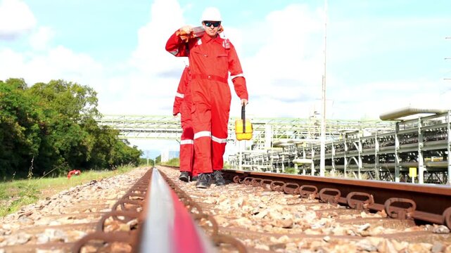 Team survey construction engineer with safety jacket use level survey camera. Engineer peering through a theodolite for check Raiway inside oil refinery plant.
