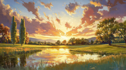 Fototapeta premium Golden dawn lights up the sky above a breathtaking meadow, where trees dance in the gentle breeze. --ar 16:9 --v 6.1 Job ID: a3cd0e0c-d1c2-4608-a8c6-0acfb6ab7202