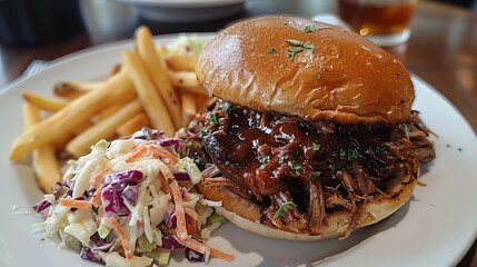 Delicious pulled pork sandwich topped with barbecue sauce, served with fries and coleslaw on a white plate in a cozy restaurant.