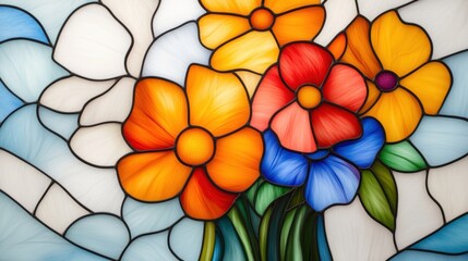 A stained glass painting of a vase full of colorful flowers, AI