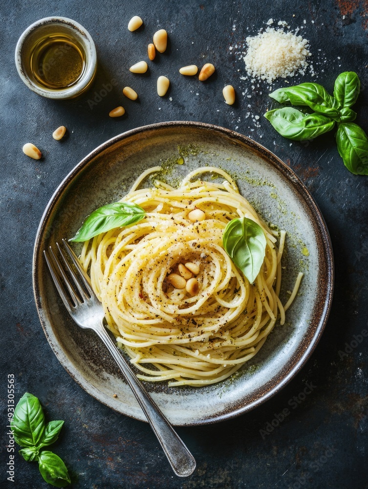 Sticker pasta with basil and pine nuts