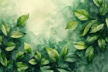 Watercolor Painting Of Green Leaves With Soft Green Background