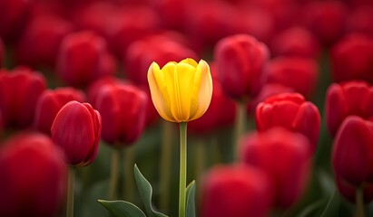 A yellow tulip stands out among red ones, against a background of tulips.