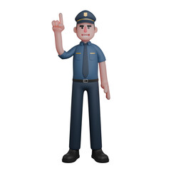 Professional Male Police in 3D. A police officer stands with his right hand raised, pointing upward with his index finger. Law Enforcement Character