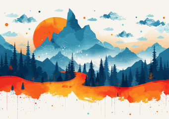 Vibrant Abstract Illustration of a Scenic Mountain Landscape with Bold Colors and Minimalist Design Depicting a Sunset Over Peaks and Forests