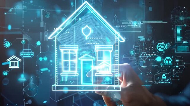 Smart Home, Intelligent Living: A homeowner controls their futuristic abode through an interactive holographic interface, showcasing the power of smart home technology. 
