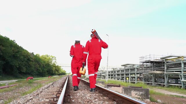 Team survey construction engineer with safety jacket use level survey camera. Engineer peering through a theodolite for check Raiway inside oil refinery plant.