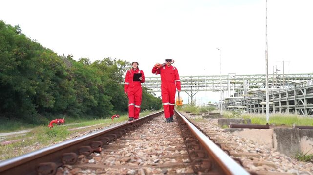 Team survey construction engineer with safety jacket use level survey camera. Engineer peering through a theodolite for check Raiway inside oil refinery plant.