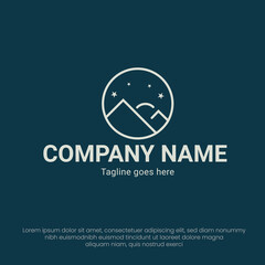 Mountain line art logo design with moon and stars minimalist style logo vector illustration