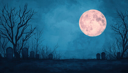 Fototapeta premium Full moon, casting shadows, gothic gravestones, Watercolor style