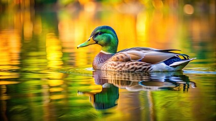 Fototapeta premium beautiful duck swimming in a serene pond, duck, colorful, feathers, animal, water, reflection, wildlife, nature, serene, pond