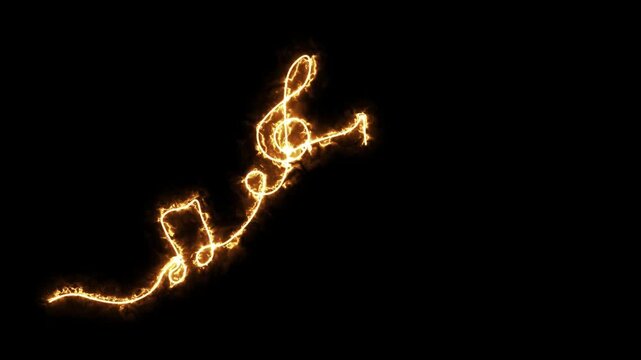 Abstract sheet music, treble clef, music. Self drawing animation one continuous line draw, logo, Blazing  flame, energy, fire