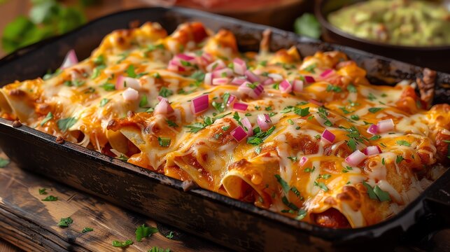 Delicious cheesy enchiladas in a black baking dish topped with onions, cilantro, and served with guacamole and salsa on the side.