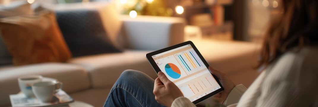 An individual consults a tablet, monitoring financial trends or investments in a warmly lit living space. Generative AI