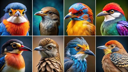 Fototapeta premium Beautiful close-up portraits of various birds, red cardinal, blue jay, colorful plumage, feathers, beak, wildlife, nature