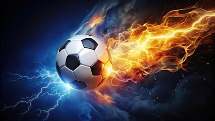 Fototapeta premium Soccer ball with flames and lightning streaks flying through the dark night sky , sports, soccer, ball, flames, lightning, night