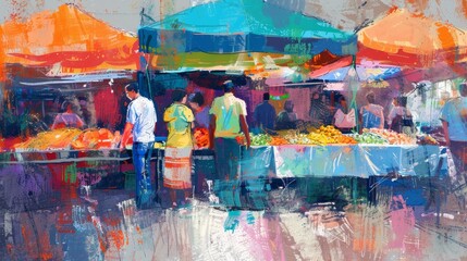 Vibrant market scene with colorful tents and customers browsing fresh produce, capturing the essence of community and commerce.