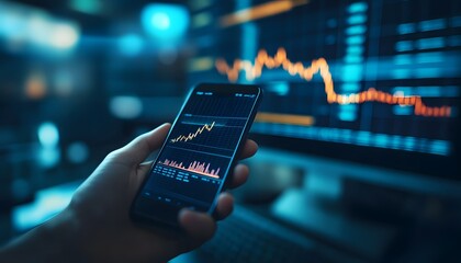 Close up of a hand holding a smartphone with a stock market graph on the screen, a trading app and computer display in the background.