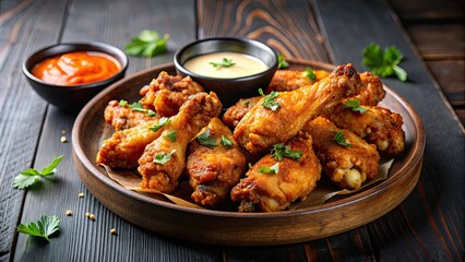 Fried chicken wings served with a savory sauce , crispy, appetizer, delicious, fast food, meal, lunch, tasty, fried, chicken, wings