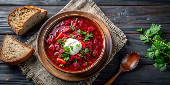 Traditional Ukrainian borscht in a bowl. Top view, Ukrainian, borscht, soup, traditional, beetroot, vegetable, dish
