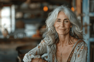 Fototapeta premium Older Woman With Long Gray Hair Smiling In Cozy Rustic Room