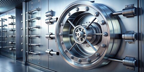 Close up photo of open bank vault door with combination lock, security, protection, finance, valuables, safe, secure, access
