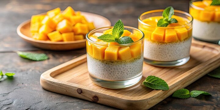 Close-up of refreshing mango sago dessert with mint and fresh mango slices on a wooden tray, mango, sago, dessert, fresh