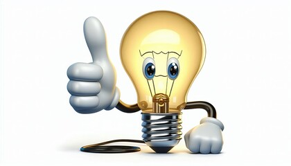Cartoon Light Bulb with Thumbs Up - 3D Illustration
