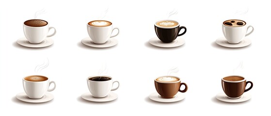 A row of coffee cups with different flavors and designs. The cups are arranged in a row on a white background