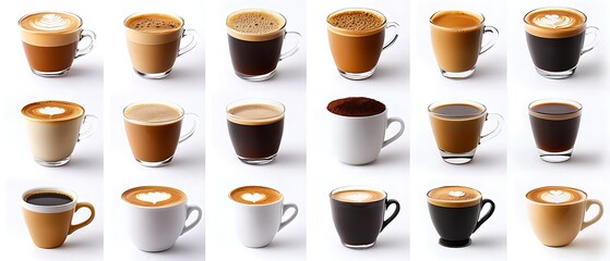 A row of coffee cups with different flavors and designs. The cups are arranged in a row on a white background