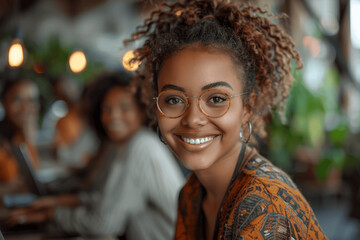 Smiling Woman With Curly Hair And Glasses In A Cozy Cafe