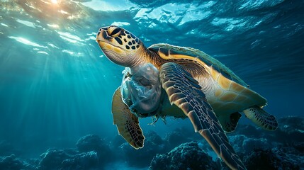 Underwater shot of sea turtle with plastic around neck, wide-angle lens, natural light, marine pollution