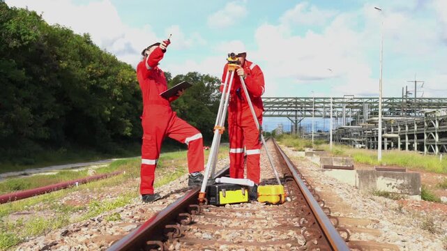 Team survey construction engineer with safety jacket use level survey camera. Engineer peering through a theodolite for check Raiway inside oil refinery plant.