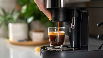 Hand inserting a capsule into a coffee machine at home