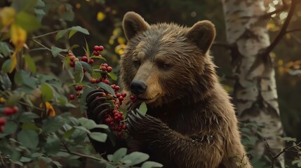 Fototapeta premium A brown bear forages for berries in a lush forest, showcasing its natural habitat and instinctive behavior in the wild.
