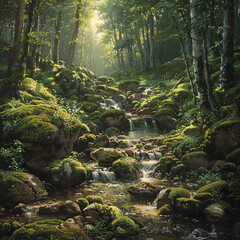 Rock Serene With And Forest Brook Babbling Moss-Covered