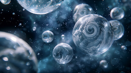 a collection of 3D orbs floating in space, with varying sizes transparent surfaces. Each orb contains swirling patterns, creating a sense of depth and mystery, space science background, wallpaper