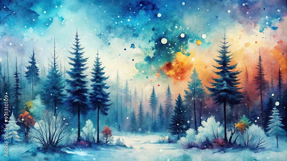 Wall mural Winter forest landscape with ink splashes creating a mystical and artistic effect, winter, forest, ink splashes, artistic